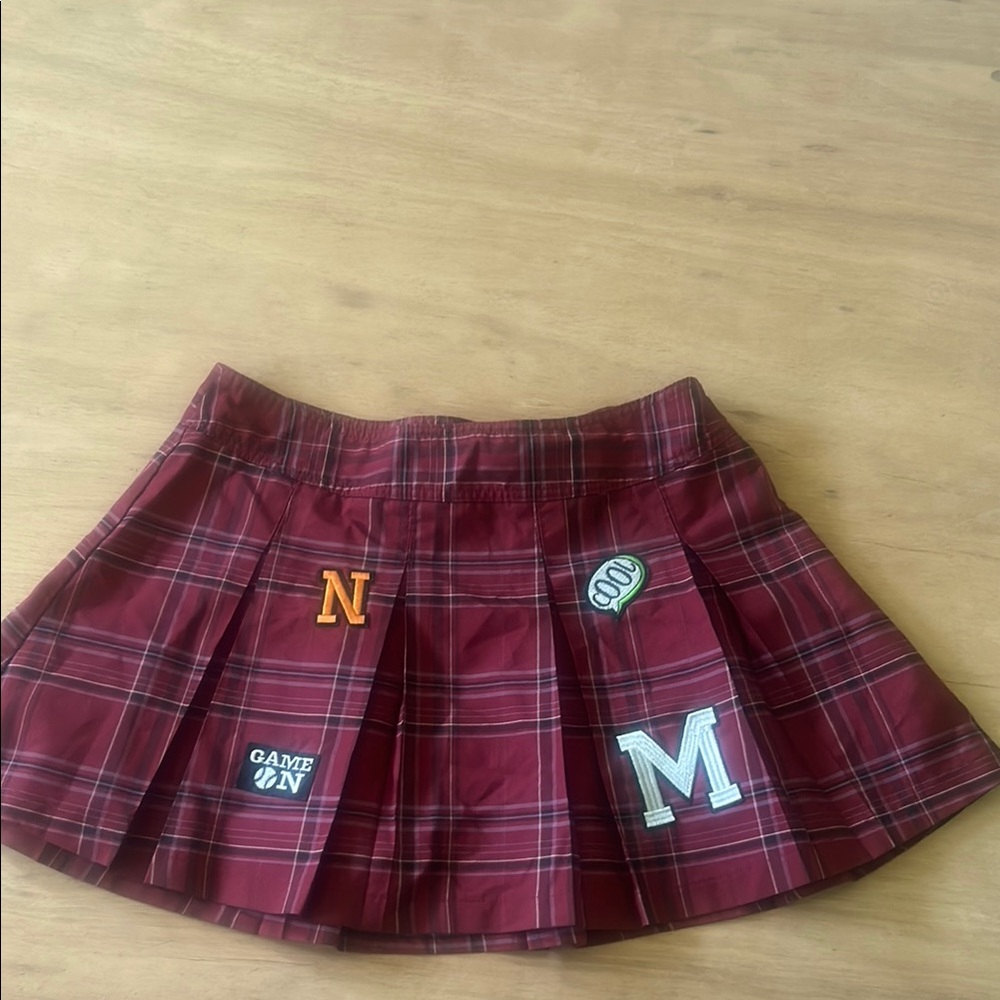 Plaid Maroon Skirt with Patches